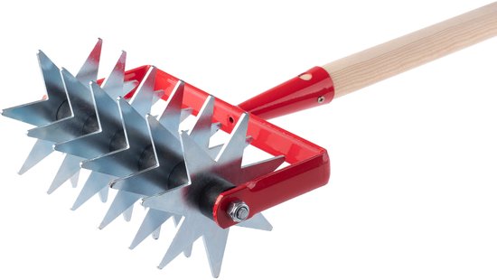 KADAX Sterfrees, tuinfrees van metaal, verkruimelaar voor het losmaken van de grond, cultivator voor tuin, gazon, onkruid, rolhak, rolkultivator, grondventilator (met 6 sterren, houten steel) van Merkloos	