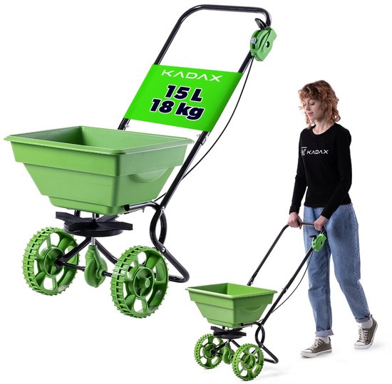 KADAX strooier 15L met wielen, kunstmeststrooier, zoutstrooier en zaadstrooier, handstrooier (groente) van Merkloos	