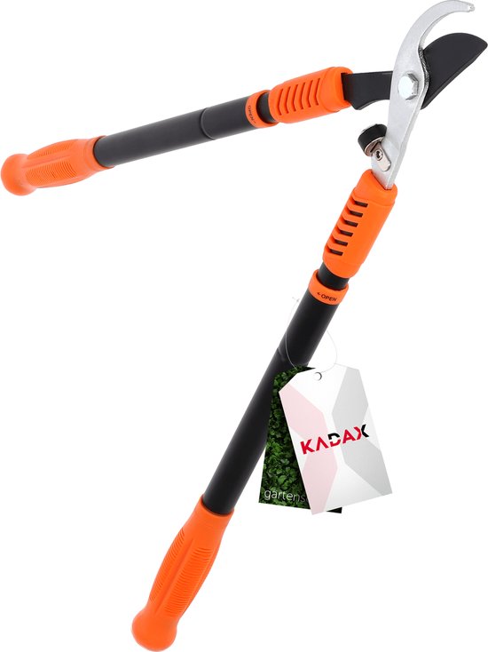 KADAX Telescopische tuinschaar met stalen messen, 64-96 cm, rozenschaar, handmatige snoeischaar met anti-slip handgrepen voor takken, bladeren, heggenschaar (zwart/oranje) van KADAX
