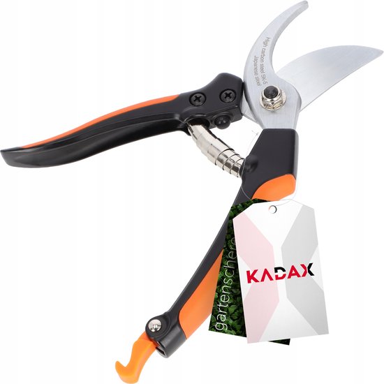 KADAX Tuinschaar, boomschaar van koolstofstaal, lengte: 20 cm, professionele plantenschaar voor takken, takken, anti-aanbaklaag, heggenschaar, zwart/oranje van Merkloos	