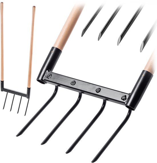 KADAX Tuinvork met 4 tanden en lange houten stelen, grasvork voor het losmaken van de grond en tuinbewerking, Broadfork voor het ventileren van vloeren (49,5 x 134 cm) van Merkloos	