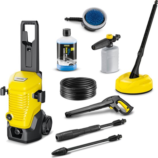 Kärcher Hogedrukreiniger | K 4 Modular Car & Home compleet - Incl. Terrasreiniger T 2 - Roterende wasborstel WB 130 - Foam Jet FJ 6 en reinigingsmiddel 1 L - 130 bar - Wateropbrengst 420 l/u van Kärcher