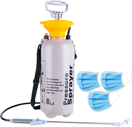Kenz® - Onkruidspuit met Schouderriem - 8 Liter - Verstelbare Sproeistraal - Inclusief 3 Mondkapjes - 3 Bar - Drukspuit - Tuinieren - Onkruid Verdelgen