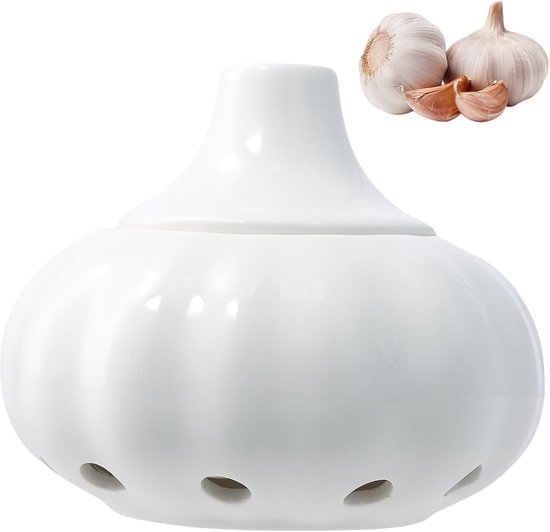 Keramische knoflookbewaarpot - knoflookhouder met deksel - knoflookpot met ventilatiegaten - gemberbus - geventileerde versheid - opslag van aardappeluien - keukencontainer - voorraadpot voor verse knoflook en uien van Merkloos	