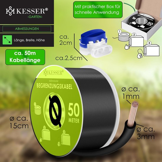 KESSER® grenskabel 50m + 12 kabelconnectoren voor robotmaaiers, set accessoires voor robotmaaiers, grensdraad, universele zoekkabel, compatibel met Gardena/Bosch/Worx/Einhell/Honda/ROBOMOW van Merkloos	