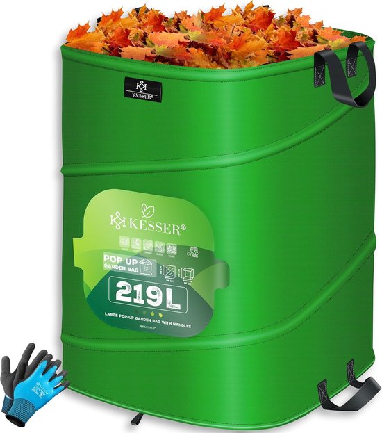 KESSER® Pop-up-tuinzak, 219 liter, inclusief handschoenen, zelfstaand met handgrepen, stabiel, robuust en opvouwbaar, voor het snijden van gazon, tuinzakken voor tuinafval, groen snijden van KESSER