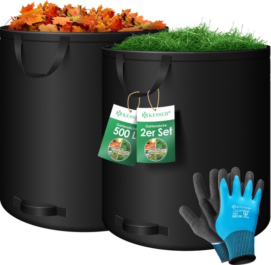 KESSER® Tuinafvalzak Tuinzak Set Bladzak incl. Handschoenen - Zelf Staand 4 Handvatten Stabiel Robuust & Opvouwbaar - Bladzakken Maaisel Tuinzakken voor Tuinafval Groenafval - 2x 500 Liter, Zwart van KESSER