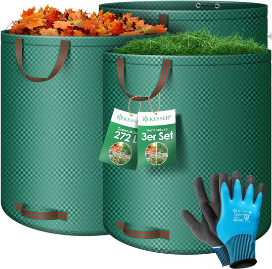 KESSER® Tuinafvalzak Tuinzak Set Bladzak incl. Handschoenen - Zelf Staand 4 Handvatten Stabiel Robuust & Opvouwbaar - Bladzakken Maaisel Tuinzakken voor Tuinafval Groenafval - 3x 272 Liter, Groen van Merkloos	