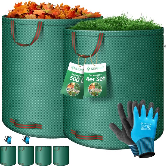 KESSER® Tuinafvalzak Tuinzak Set Bladzak incl. Handschoenen - Zelf Staand 4 Handvatten Stabiel Robuust & Opvouwbaar - Bladzakken Maaisel Tuinzakken voor Tuinafval Groenafval - 4x 500 Liter, Groen van Merkloos	