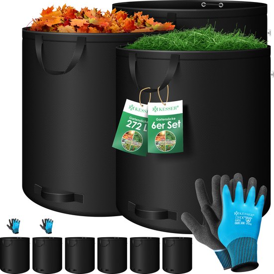 KESSER® Tuinafvalzak Tuinzak Set Bladzak incl. Handschoenen - Zelf Staand 4 Handvatten Stabiel Robuust & Opvouwbaar - Bladzakken Maaisel Tuinzakken voor Tuinafval Groenafval - 6x 272 Liter, Zwart