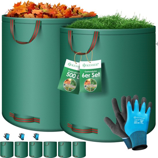 KESSER® Tuinafvalzak Tuinzak Set Bladzak incl. Handschoenen - Zelf Staand 4 Handvatten Stabiel Robuust & Opvouwbaar - Bladzakken Maaisel Tuinzakken voor Tuinafval Groenafval - 6x 500 Liter, Groen van KESSER