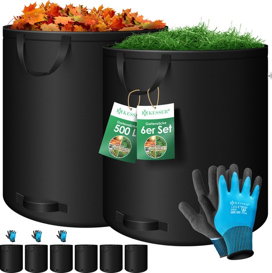 KESSER® Tuinafvalzak Tuinzak Set Bladzak incl. Handschoenen - Zelf Staand 4 Handvatten Stabiel Robuust & Opvouwbaar - Bladzakken Maaisel Tuinzakken voor Tuinafval Groenafval - 6x 500 Liter, Zwart van KESSER