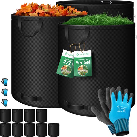 KESSER® Tuinafvalzak Tuinzak Set Bladzak incl. Handschoenen - Zelf Staand 4 Handvatten Stabiel Robuust & Opvouwbaar - Bladzakken Maaisel Tuinzakken voor Tuinafval Groenafval - 9x 272 Liter, Zwart van KESSER