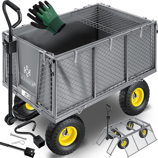 KESSER® Tuinkar Handtrekwagen 550 kg belastbare transportkar tuinkar afneembaar zeil gereedschapswagen veelzijdig te gebruiken incl. handschoenen - 550Kg (Grijs)