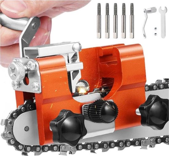 Kettingslijper - Kettingzaag slijper - Met 5 slijpkoppen - Draagbare handkruisjes keten zaagslijpmachine - Tanden Slijper - Slijper vijltafel - voor alle soorten kettingzagen en elektrische zagen - Geel van Merkloos	