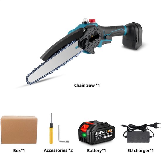Kettingzaag - Snoeizaag - Takkenzaag - Handzaag - Draadloze - Elektrische - 1500W - 8 Inch Zaagblad - Brushless Motor - Handzaam Ontwerp – Inclusief 1x 18V Accu en EU Stekker van Merkloos	
