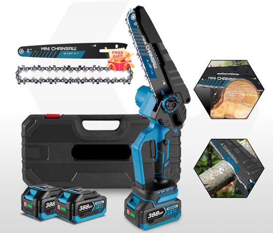 Kettingzaag - Snoeizaag - Takkenzaag - Handzaag - Draadloze - Elektrische - 8 Inch - Brushless Motor – 3500W - Handzaag voor Houtbewerking en Snoeiwerk - Inclusief 2x 18V Accu van Merkloos	