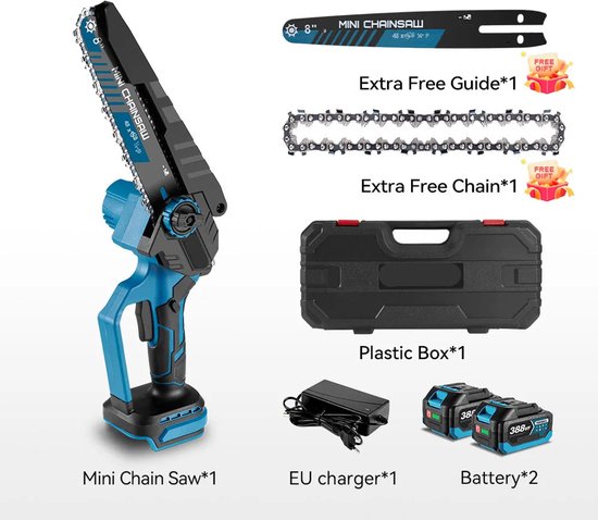 Kettingzaag - Snoeizaag - Takkenzaag - Handzaag - Draadloze - Elektrische - 8 Inch - Brushless Motor – 3500W - Zaagmachine – Inclusief 2x 18V Accu’s (EU Plug) van Merkloos	