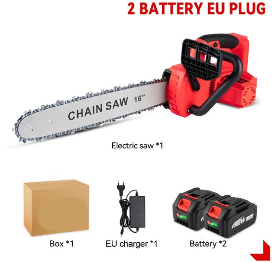Kettingzaag - Snoeizaag - Takkenzaag - Handzaag - Elektrische/Accu - Draadloze - 16 Inch - 7980W - Brushless Motor Zaag voor Tuinonderhoud & Houtbewerking – 2 Accu's en EU Stekker van Merkloos	