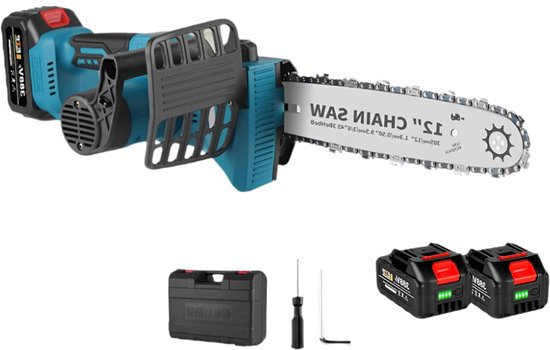 Kettingzaag - Snoeizaag - Takkenzaag - Handzaag - Mini - Draadloze - Elektrische - 12 Inch - Brushless Motor - en LED Display – 18000RPM - Inclusief 2x 18V Accu en Oplader van Merkloos	