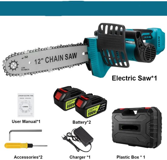 Kettingzaag - Takkenzaag - Handzaag - Snoeizaag - Draadloze - 12 Inch - 18V - 18000 RPM - Brushless - Boom- en Houtzagen - Tuin - 2 Accu van Merkloos	