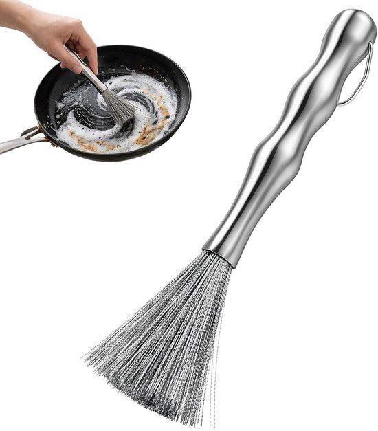 keukenborstel, panschrobberborstel - SUS304 roestvrij staal, ergonomisch bamboehandvat met lange steel, duurzame draadborstel, zware ontvetter voor potten, pannen, kookgerei