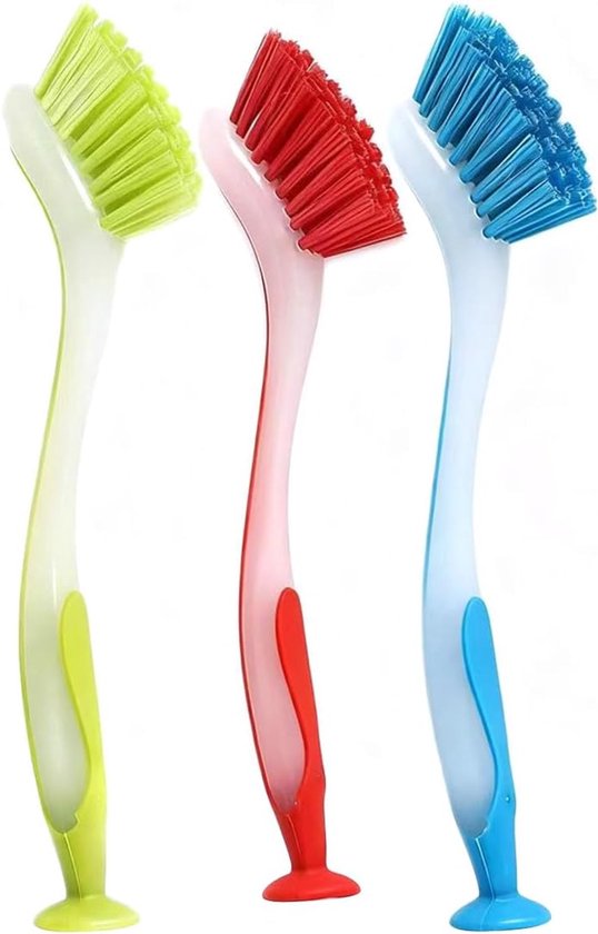 Keukenborstels met zuignap voor het schoonmaken van de gootsteen, rood, geel, groen en blauw, met lange steel.