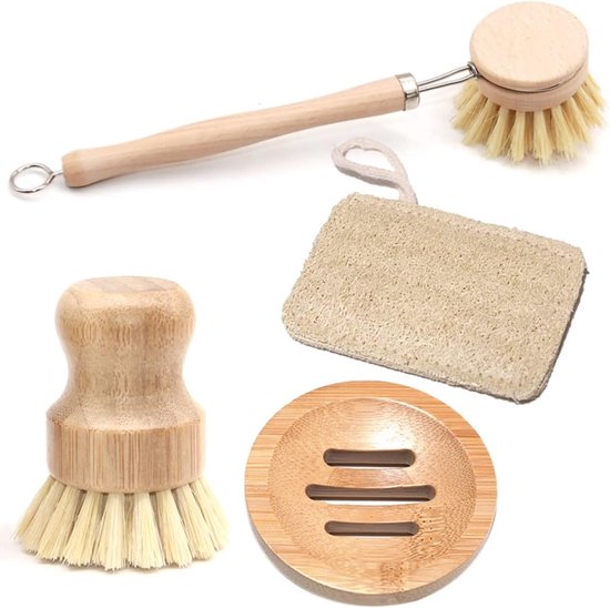 keukenreinigingsset - 4 stuks: lange houten schrobborstel, ronde bamboeborstel, zeepschaal, loofah-doeken - palmschrobben, natuurlijke borstelharen voor gietijzeren pannen en potten