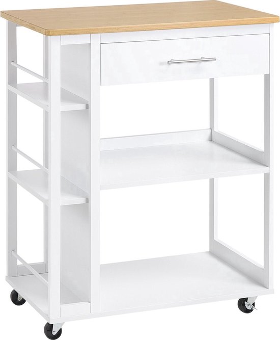 Keukentrolley op Wieltjes - Boodschappenorganizers - Lades en Open Planken - met Werkblad - Remmen Mobiel - Kastopbergrek - Wit van Casaria