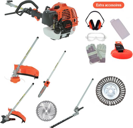 Kibani 6-in-1 Multitool - 52 cc / 1.9 PK 2-takt Benzine Motor - Heggenschaar, Kettingzaag, Grastrimmer, Maaidraad 100M, Onkruidborstel, Zaagblad, Maaidraad 100 m & Bosmaaier van Kibani
