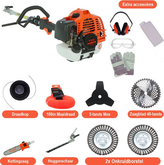 Kibani 6-in-1 Multitool incl 2 onkruidborstels- 52 cc - 1.9 PK 2-takt Benzine Motor - Heggenschaar - Kettingzaag - Grastrimmer - Maaidraad 100M - Onkruidborstel - Zaagblad - Maaidraad 100m - Bosmaaier - Combitool van Kibani