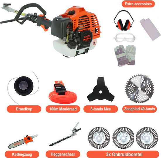 Kibani 6-in-1 Multitool incl 3 onkruidborstels- 52 cc - 1.9 PK 2-takt Benzine Motor - Heggenschaar - Kettingzaag - Grastrimmer - Maaidraad 100M - Onkruidborstel - Zaagblad - Maaidraad 100m - Bosmaaier - Combitool van Kibani