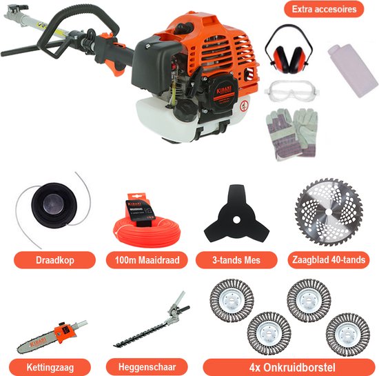 Kibani 6-in-1 Multitool incl 4 onkruidborstels- 52 cc - 1.9 PK 2-takt Benzine Motor - Heggenschaar - Kettingzaag - Grastrimmer - Maaidraad 100M - Onkruidborstel - Zaagblad - Maaidraad 100m - Bosmaaier - Combitool van Kibani