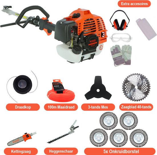 Kibani 6-in-1 Multitool incl 5 onkruidborstels- 52 cc - 1.9 PK 2-takt Benzine Motor - Heggenschaar - Kettingzaag - Grastrimmer - Maaidraad 100M - Onkruidborstel - Zaagblad - Maaidraad 100m - Bosmaaier - Combitool van Kibani