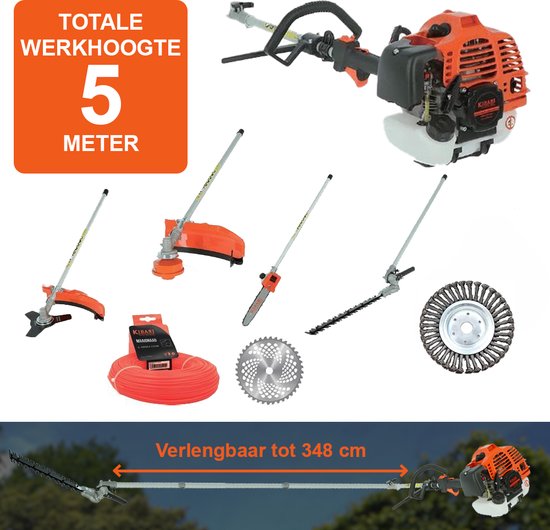 Kibani 6-in-1 Multitool XXL - Werkhoogte 5 meter - 52 cc / 1.9 PK 2-takt Benzine Motor - Heggenschaar, Kettingzaag, Grastrimmer, Maaidraad 100M, Onkruidborstel, Zaagblad, Maaidraad 100 m & Bosmaaier van Kibani