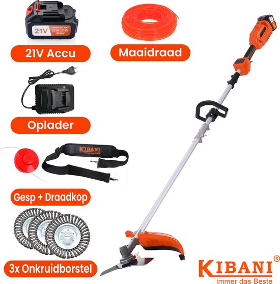 Kibani Accu Bosmaaier - 3x onkruidborstel 15CM - Incl. 21V Accu en Oplader - Elektrische Bosmaaier - met Maaidraad, Zaagblad en Draadkop - Grastrimmer - Kantenmaaier van Kibani