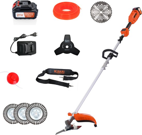 Kibani Accu Bosmaaier - 3x onkruidborstel 15CM - Incl. 21V Accu en Oplader - Elektrische Bosmaaier - met Maaidraad, Zaagblad en Draadkop - Grastrimmer - Kantenmaaier