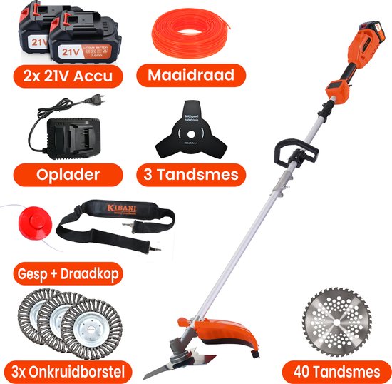 Kibani Accu Bosmaaier - 3x onkruidborstel 15CM - Incl. 2x 21V Accu en Oplader - Elektrische Bosmaaier - met Maaidraad, Zaagblad en Draadkop - Grastrimmer - Kantenmaaier van Merkloos	