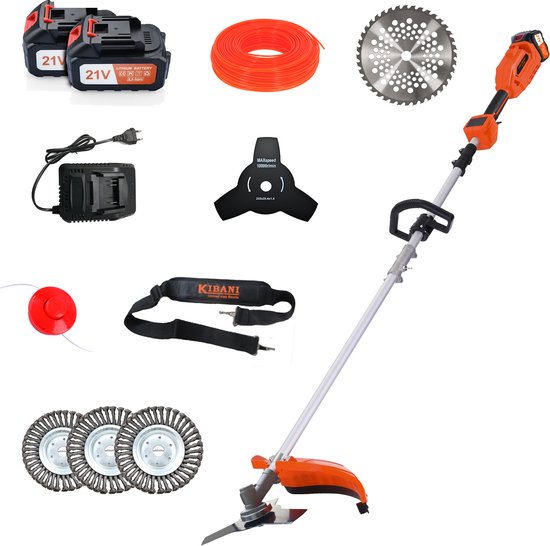 Kibani Accu Bosmaaier - 3x onkruidborstel 15CM - Incl. 2x 21V Accu en Oplader - Elektrische Bosmaaier - met Maaidraad, Zaagblad en Draadkop - Grastrimmer - Kantenmaaier