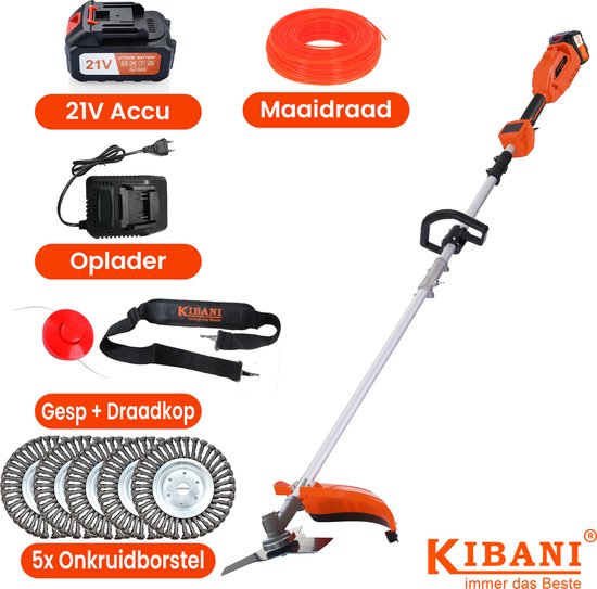 Kibani Accu Bosmaaier - 5x onkruidborstel 15CM - Incl. 21V Accu en Oplader - met Maaidraad, Zaagblad en Draadkop -Elektrische Bosmaaier - Grastrimmer - Kantenmaaier van Kibani