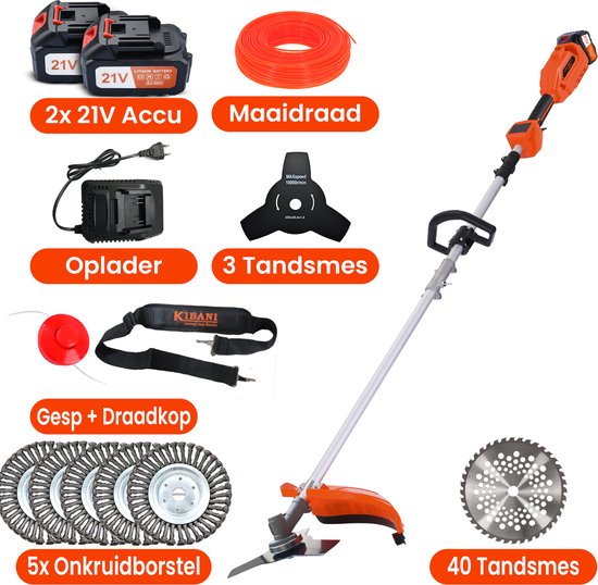 Kibani Accu Bosmaaier - 5x onkruidborstel 15CM - Incl. 2x 21V Accu en Oplader - met Maaidraad, Zaagblad en Draadkop -Elektrische Bosmaaier - Grastrimmer - Kantenmaaier van Merkloos	