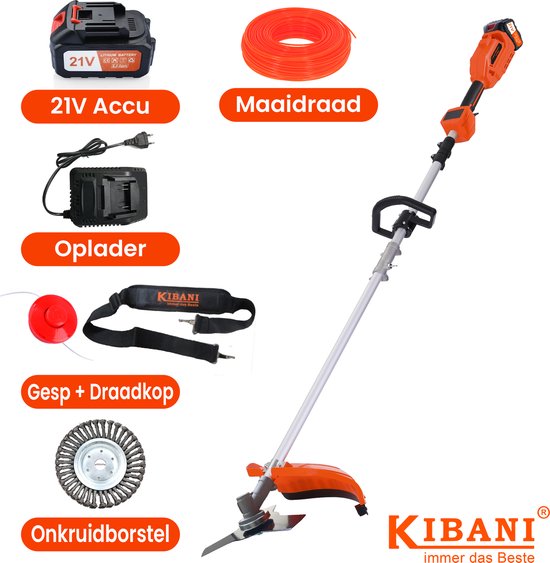 Kibani Accu Bosmaaier - Incl. 21V Accu en Oplader - Elektrische Bosmaaier - met 15CM Onkruidborstel - met Maaidraad, Zaagblad en Draadkop - Grastrimmer - Kantenmaaier van Kibani