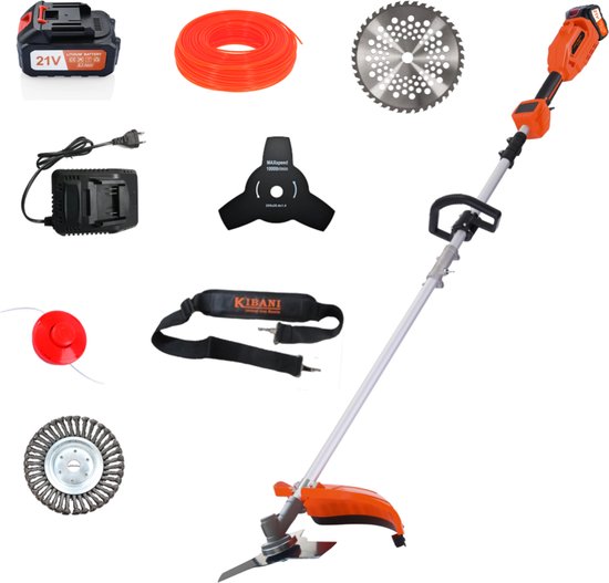 Kibani Accu Bosmaaier - Incl. 21V Accu en Oplader - Elektrische Bosmaaier - met 15CM Onkruidborstel - met Maaidraad, Zaagblad en Draadkop - Grastrimmer - Kantenmaaier