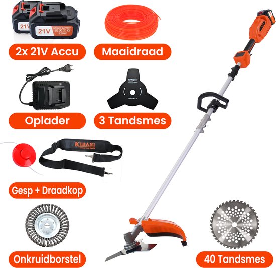 Kibani Accu Bosmaaier - Incl. 2x 21V Accu en Oplader - Elektrische Bosmaaier - met 15CM Onkruidborstel - met Maaidraad, Zaagblad en Draadkop - Grastrimmer - Kantenmaaier van Merkloos	