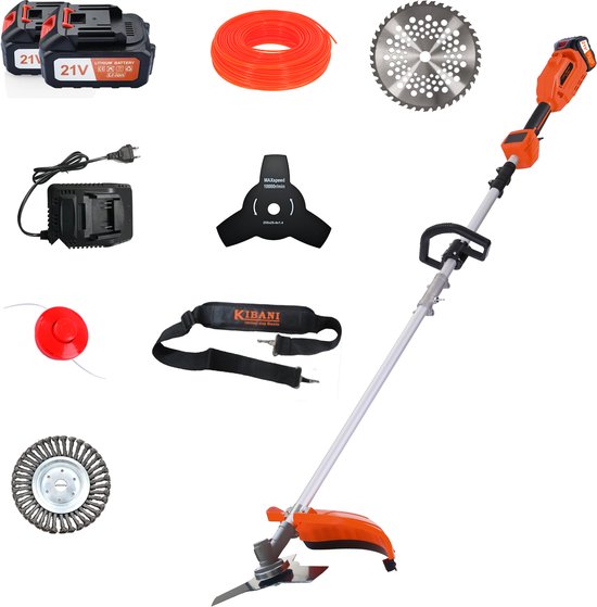 Kibani Accu Bosmaaier - Incl. 2x 21V Accu en Oplader - Elektrische Bosmaaier - met 15CM Onkruidborstel - met Maaidraad, Zaagblad en Draadkop - Grastrimmer - Kantenmaaier