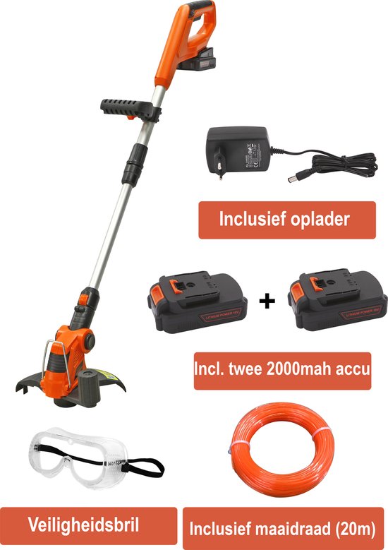 Kibani accu grastrimmer 18V - inclusief extra li-ion accu 2000 mAh, 20m maaidraad & beschermbril - snoerloos - lichtgewicht - bosmaaier - kantenmaaier van Kibani