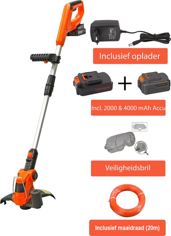 Kibani accu grastrimmer 18V - inclusief li-ion accu 2000 mAh & 4000mAh, beschermbril en 20m maaidraad – snoerloos - lichtgewicht - bosmaaier - kantenmaaier van Kibani