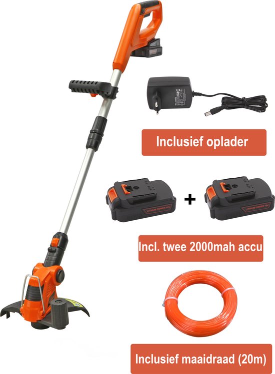 Kibani accu grastrimmer 18V - inclusief twee li-ion accu's 2000 mAh en 20m maaidraad – snoerloos - lichtgewicht - bosmaaier - kantenmaaier van Kibani
