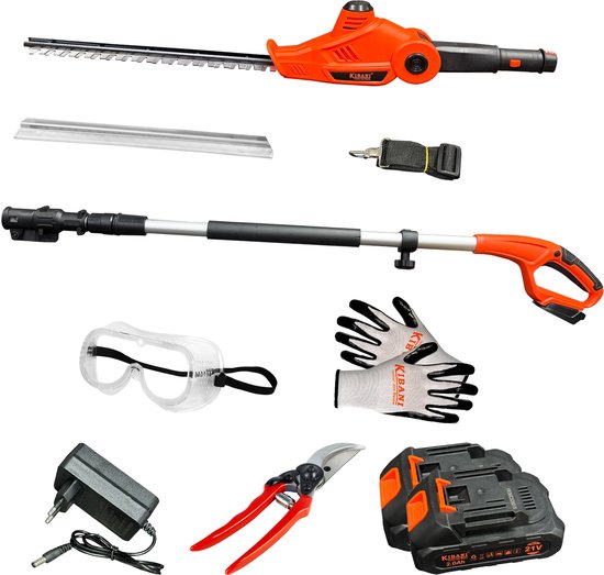 Kibani Accu Heggenschaar XXL – Inclusief extra li-ion accu 2000 mAh, snoeischaar, beschermbril & handschoen – 45 cm Zwaardlengte - 18V - Telescopisch van Merkloos	