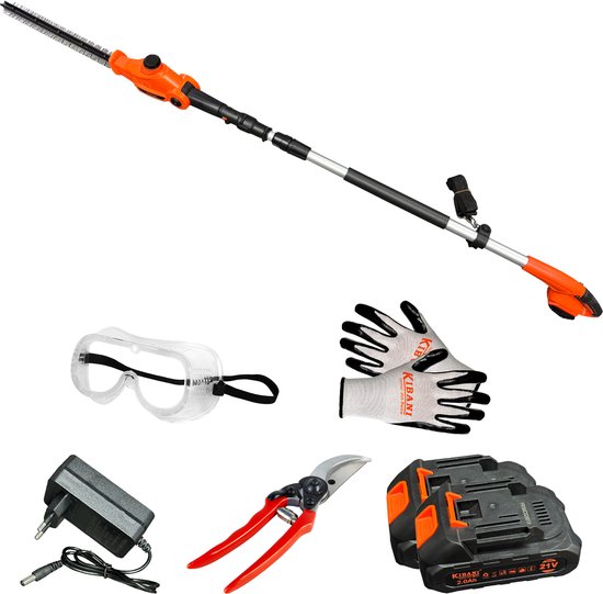 Kibani Accu Heggenschaar XXL - Inclusief extra li-ion accu 2000 mAh, snoeischaar, beschermbril & handschoen - 45 cm Zwaardlengte - 21V - Telescopisch